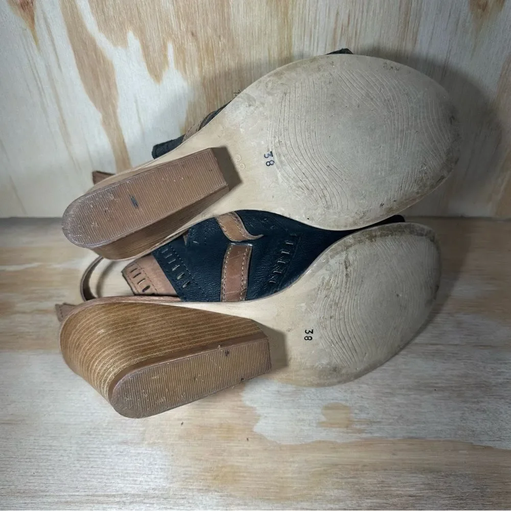 Miz Mooz Kipling Leather Black and Tan Wedge Sandals Women’s Size 7.5